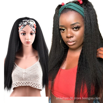 Black Red 24 Inch Long Chic Style Kinky Straight Hair Headband Wig With Pre-attached Scarf Synthetic Yaki Straight Headband Wigs